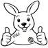 Weißes Cartoon-Känguru "Kanga" mit Daumen hoch und einem Logo auf der Brust.
