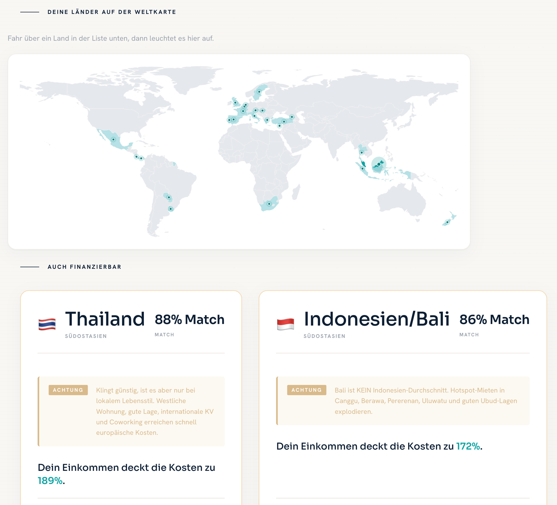 Auswander-Budgetrechner: Weltkarte mit allen finanzierbaren Ländern, darunter Thailand und Bali