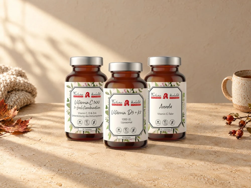 Vitamin C 300, Vitamin D3 + K2 1000 I.E. und Acerola Vitamin C Taler auf hellem Travertin mit Strickdecke, Herbstlaub und einer Tasse Tee