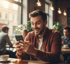 Ein lächelnder Mann mit Bart in einem Café blickt auf sein Smartphone, vor ihm ein Croissant und eine Kaffeetasse.
