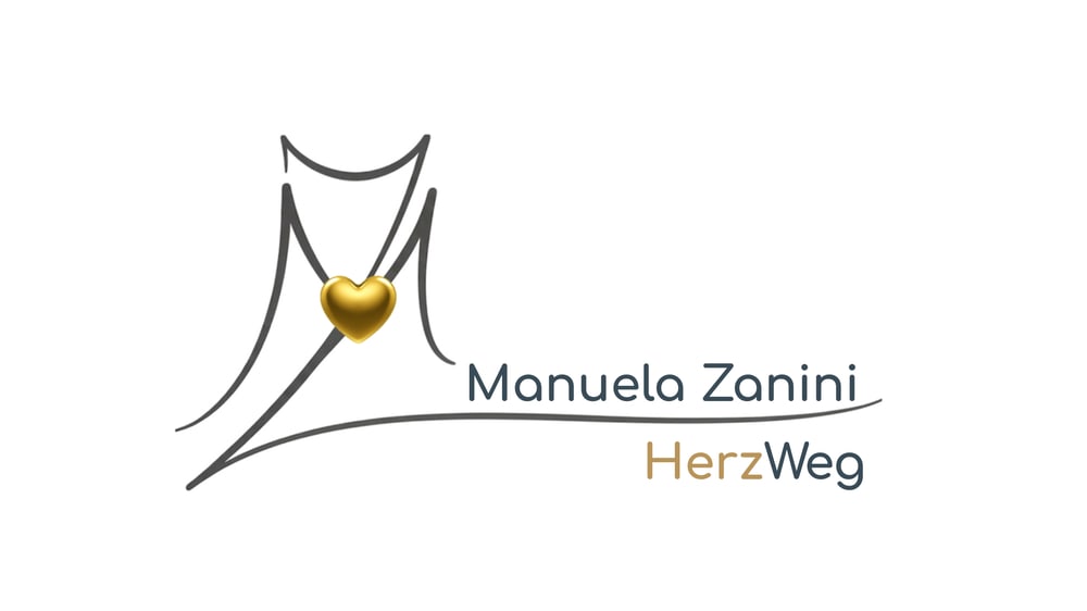 Logo von Manuela Zanini HerzWeg mit geschwungenen Linien, einem goldenen Herz und dem Schriftzug Manuela Zanini HerzWeg.