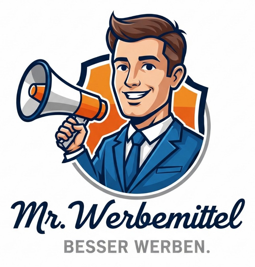 Mann im Anzug hält ein Megaphon vor einem Schild; darunter "Mr. Werbemittel" und "BESSER WERBEN."