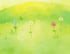 Aquarell-Landschaft mit einem grünen Hügel und bunten Blumen.