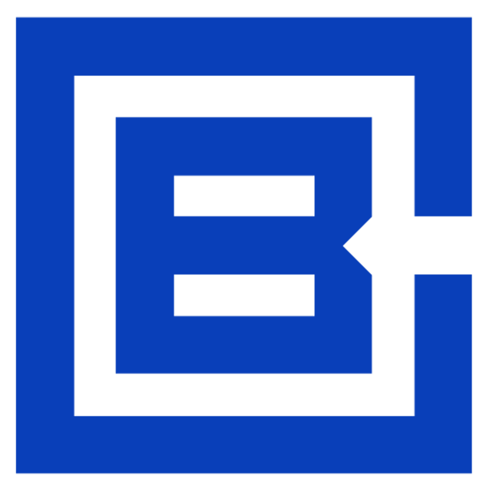 Blauer Buchstabe B in einem grünen Quadrat.