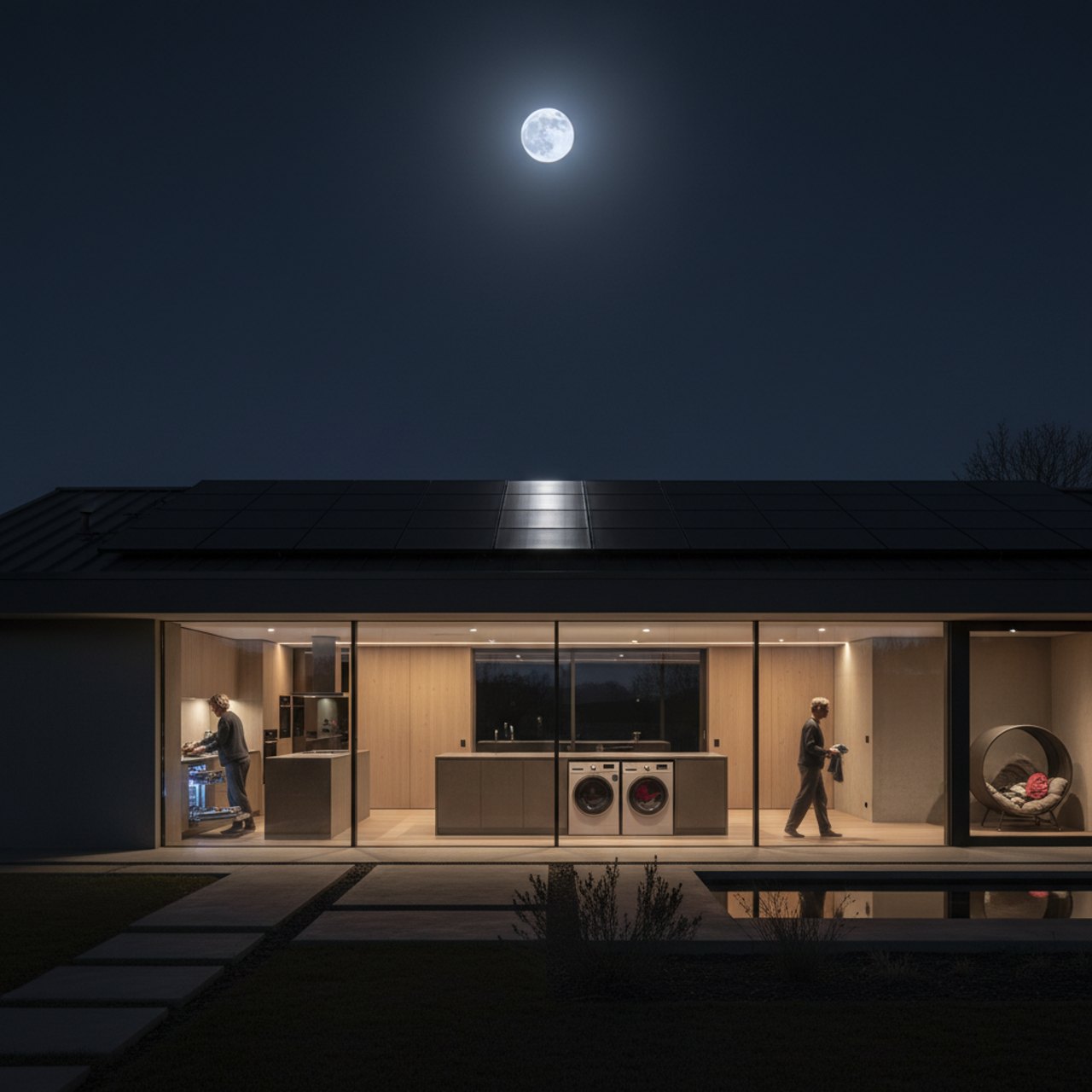 Haus mit PV-Dach bei Nacht – Waschmaschine, Trockner und Spülmaschine laufen
