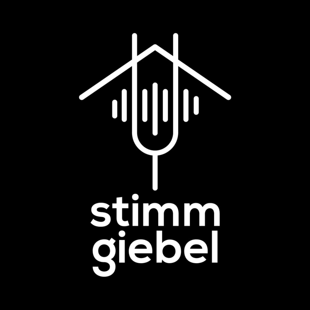 Weißes Logo „stimmgiebel“ mit stilisiertem Haus und Stimmgabel, die Schallwellen aussendet, auf schwarzem Hintergrund.