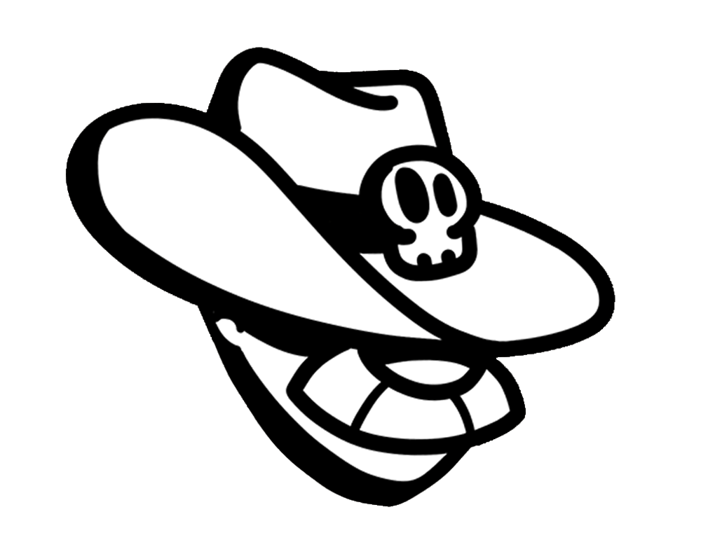 White cowboy hat with a black band and a white skull badge on the front.