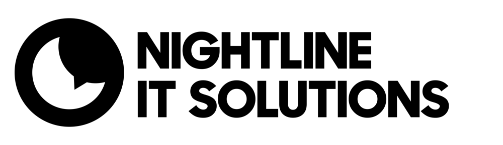 Black and white logo with a crescent moon inside a circle, text "NIGHTLINE IT SOLUTIONS".