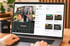 Mężczyzna piszący na laptopie z wideokonferencją Zoom po lewej i platformą kursów online po prawej.