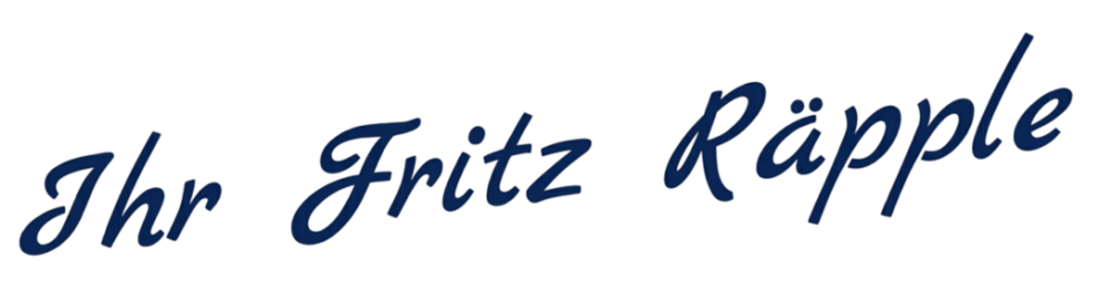 Blauer Schriftzug Fritz Räpple in Schreibschrift.