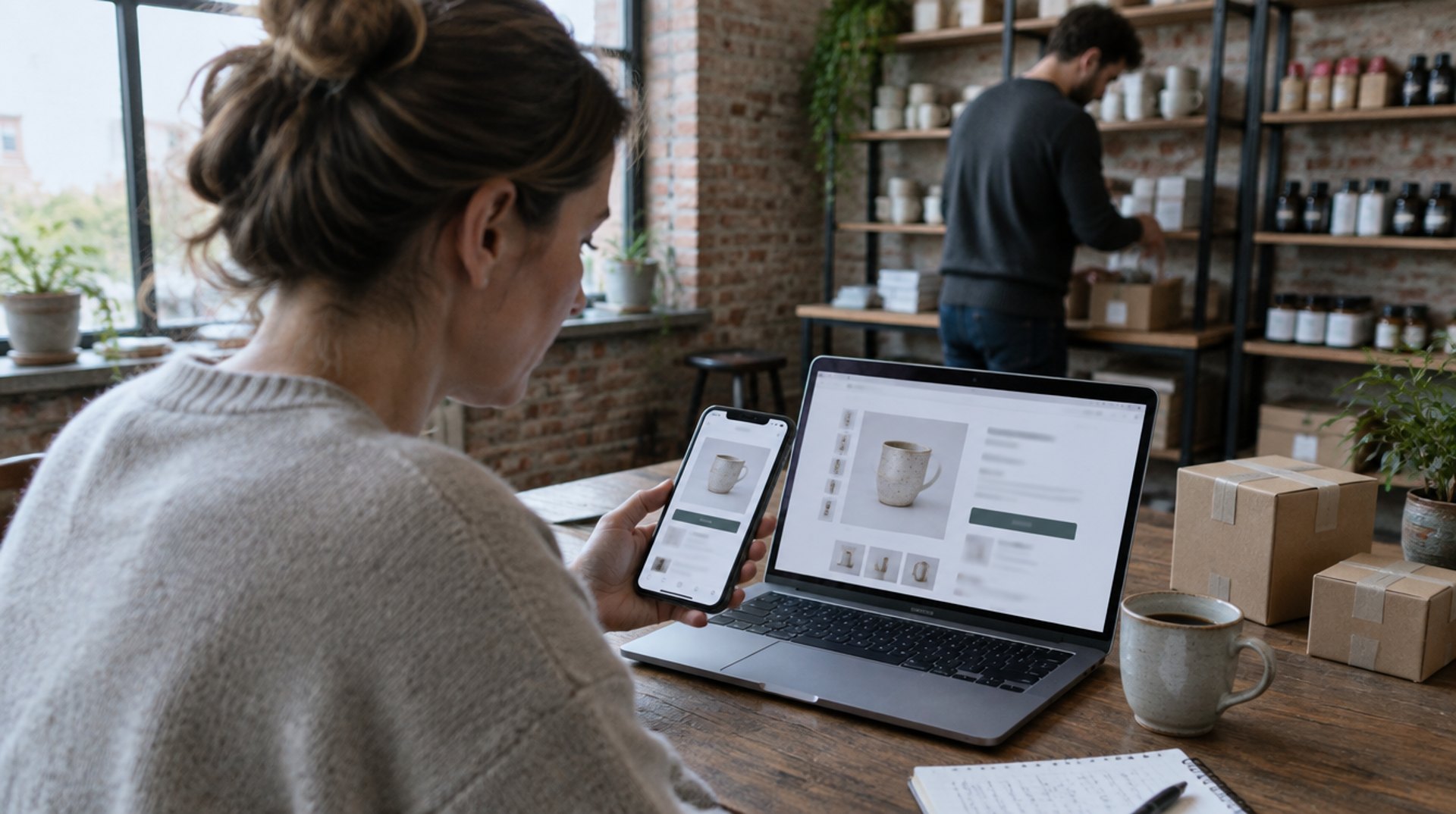 Shop-Inhaberin in einem Berliner Loft vergleicht eine Produktseite auf dem Handy mit derselben Seite am Laptop, im Hintergrund packt ein Kollege eine Bestellung