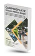 Buchcover "Campingplatz Social-Media-Guide" mit einer Frau und Kind, Booten und Wohnwagen im Hintergrund.