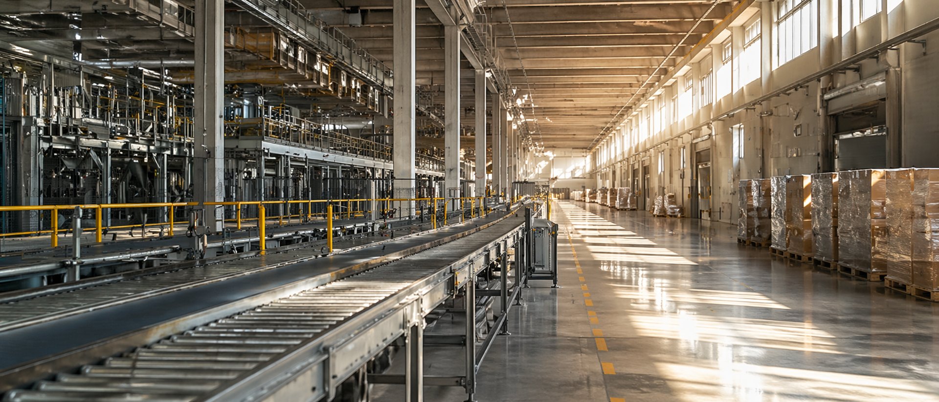 Long, empty warehouse with conveyor belts, pillars, tall windows, and sunlight on the concrete floor.