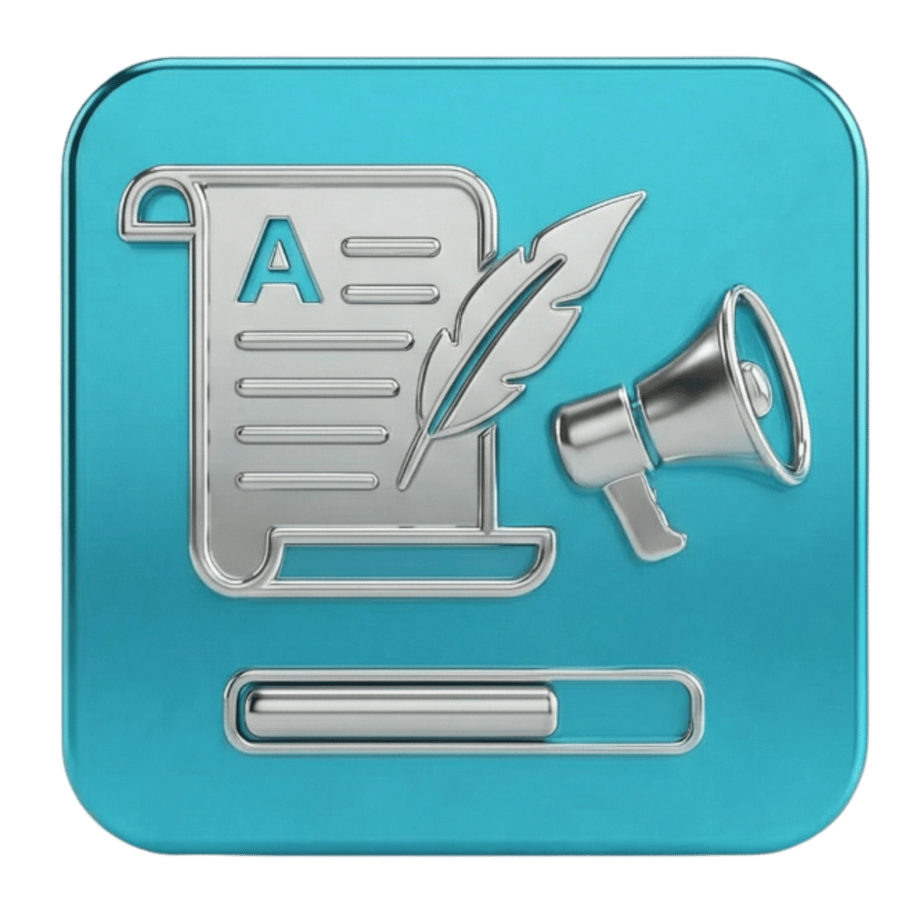 Ein blaues Browserfenster mit einem silbernen Bleistift, Lineal und Pinsel.