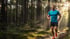 man wearing a blue shirt and black shorts running on a dirt path through a sunlit forest, symbolizing recovery from pain