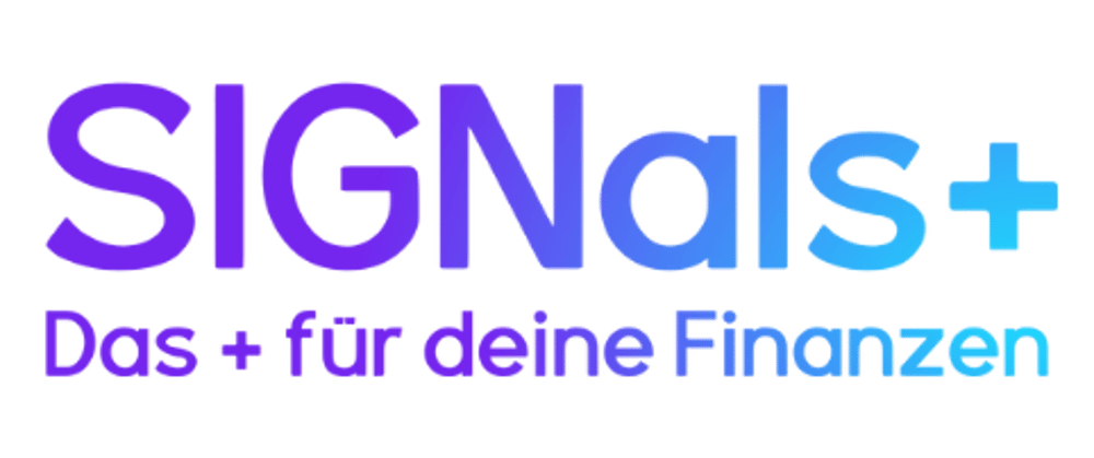 Das Logo „SIGNAals+ Das + für deine Finanzen“ in Lila und Blau auf grünem Hintergrund.