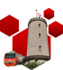 Sparrenburg in Bielefeld – Wahrzeichen der Stadt mit Zug im Vordergrund, Standort der Bielefelder Rail Service GmbH.