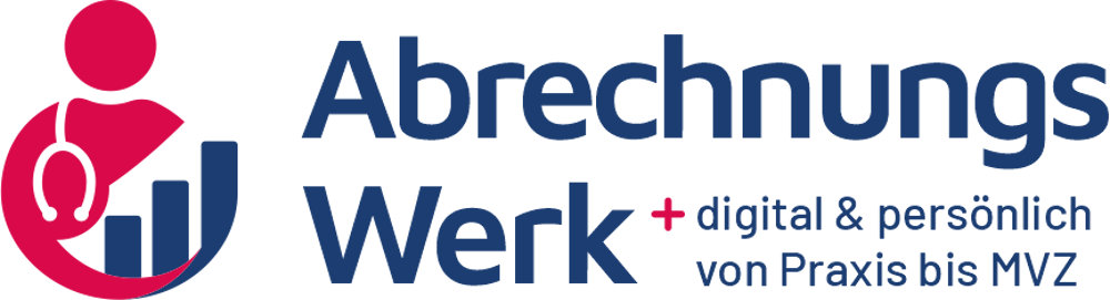 AbrechnungsWerk Logo mit roter Figur, blauem Balkendiagramm und Text "mehr Honorar, mehr Kontrolle, mehr Zeit".