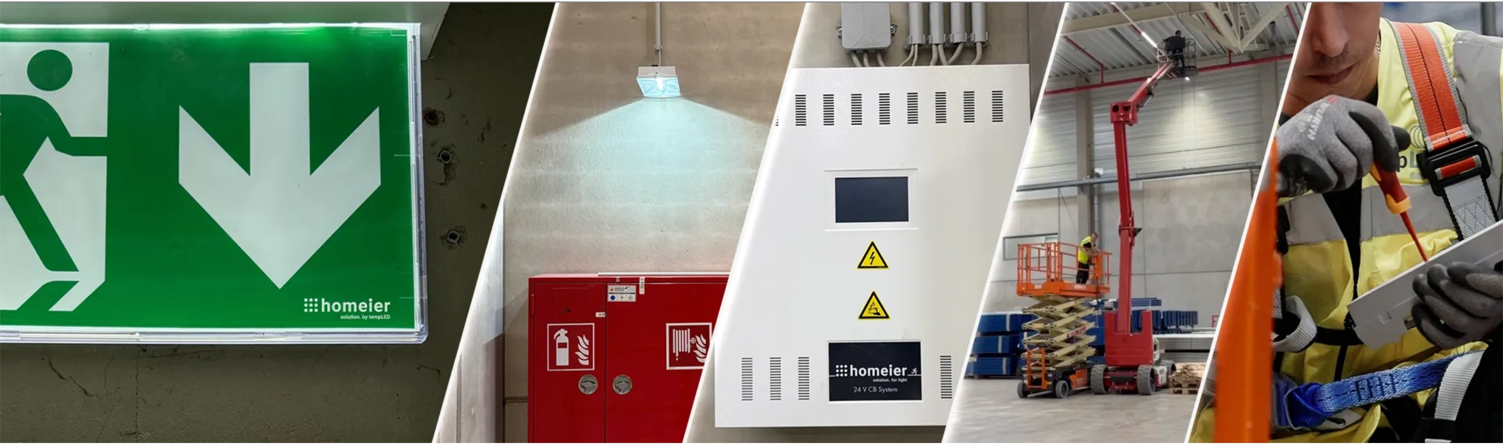 Homeier Rettungszeichenleuchte, Notbeleuchtung im Einsatz, Zentralanlage und Montagearbeiten