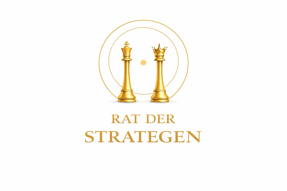 Goldener Lorbeerkranz mit goldener Maske darüber und Text "RAT DER STRATEGEN" darunter auf weißem Hintergrund.