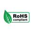 RoHS-konformes Logo mit grünem Blatt und dem Text „RoHS compliant“.