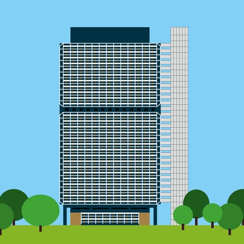 Illustration des Hochhauses Langer Eugen in Bonn mit Bäumen davor