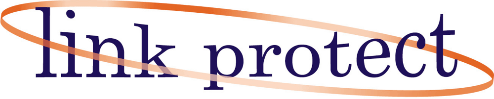 Blauer Text "link protect" auf grünem Hintergrund, umrahmt von einem orangefarbenen Oval.