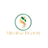 Almina Beauty Logo mit goldenem Frauenprofil, grünen Blättern und Blüte in einem Kreis auf schwarzem Hintergrund.