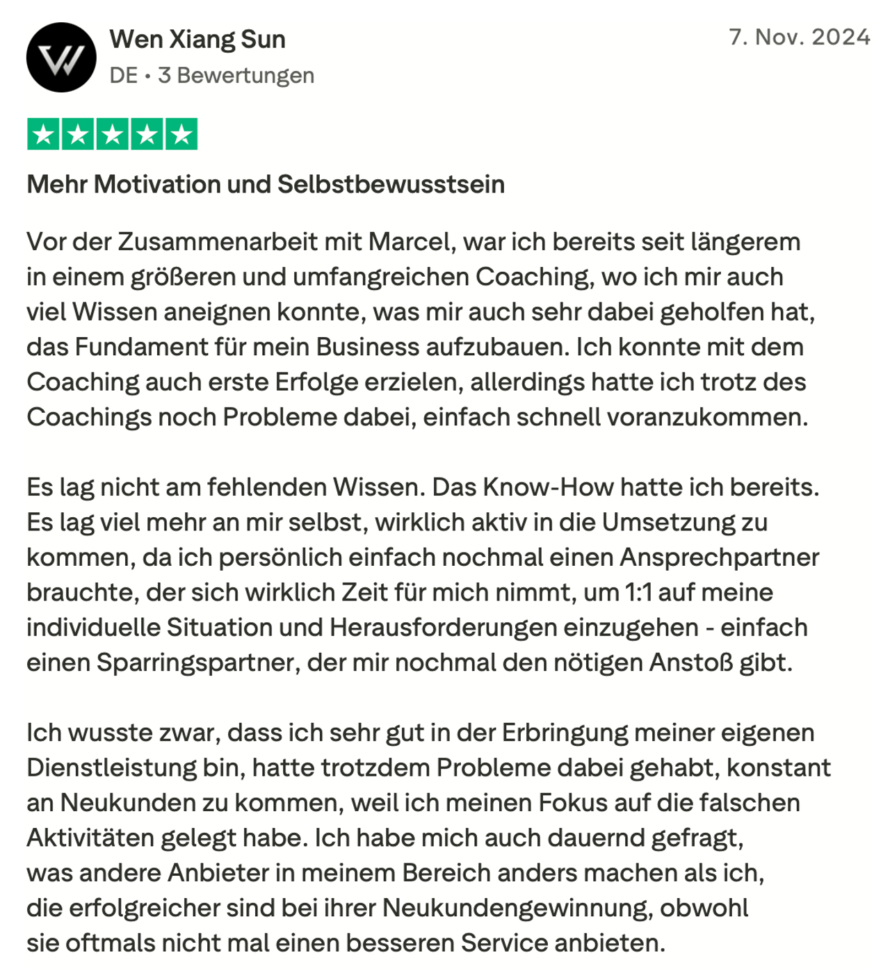 Trustpilot-Rezension von Wen Xiang Sun