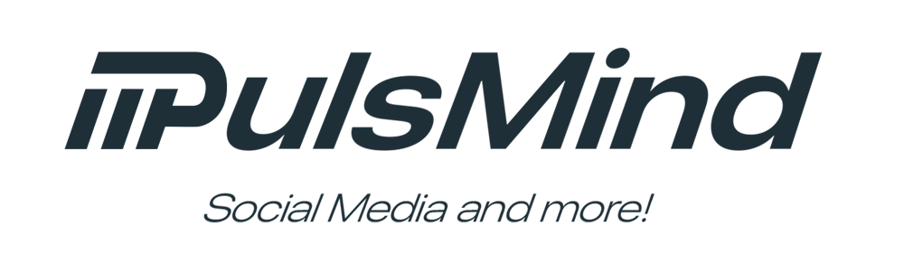 PulsMind-Logo mit dem Text "Social Media and more!" darunter auf dunklem Hintergrund.