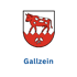 Wappen von Gallzein mit rot gefleckter Kuh auf weißem Feld über rotem Berg mit Schlägel und Eisen.