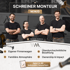 Vier lächelnde Handwerker in schwarzen T-Shirts vor einem Firmenwagen mit der Aufschrift „SCHREINER MONTEUR M/W/D“.