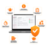 Laptop mit Software-Interface, umgeben von Icons zu Notfallmanagement, Kommunikation und Dokumentation - Software für Alarm- und Gefahrenabwehrplanung - Notfall- und Krisenmanager (NKM®).
