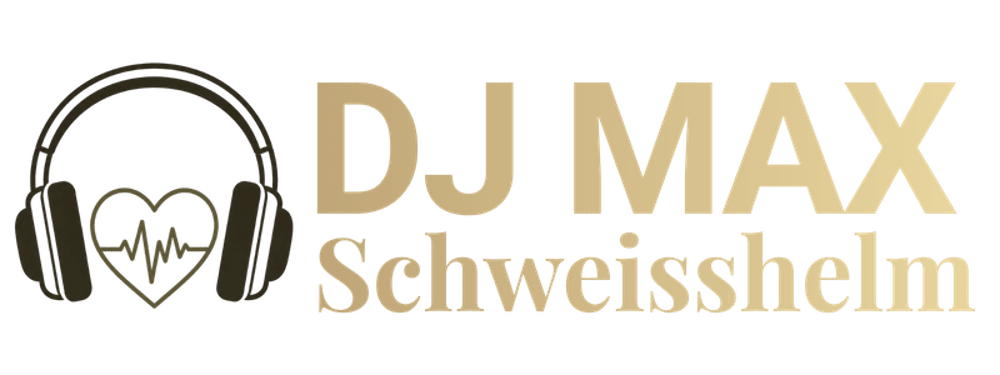 DJ MAX Schweisshelm Logo mit Kopfhörer-Symbol und Herzschlag-Linie auf schwarzem Hintergrund.