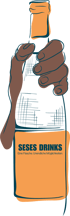 Braune Hand hält orangefarbene Flasche mit Text "SESES DRINKS Eine Flasche. Unendliche Möglichkeiten."