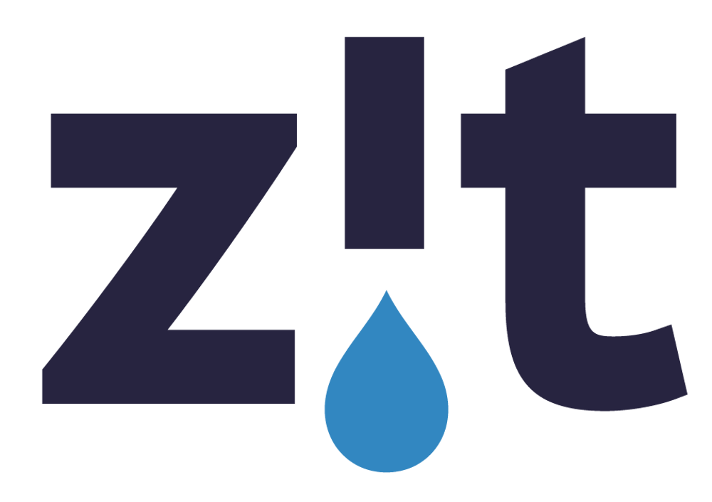 Dunkelblaues Logo "z!t" mit einem blauen Wassertropfen als Ausrufezeichenpunkt auf grünem Hintergrund.