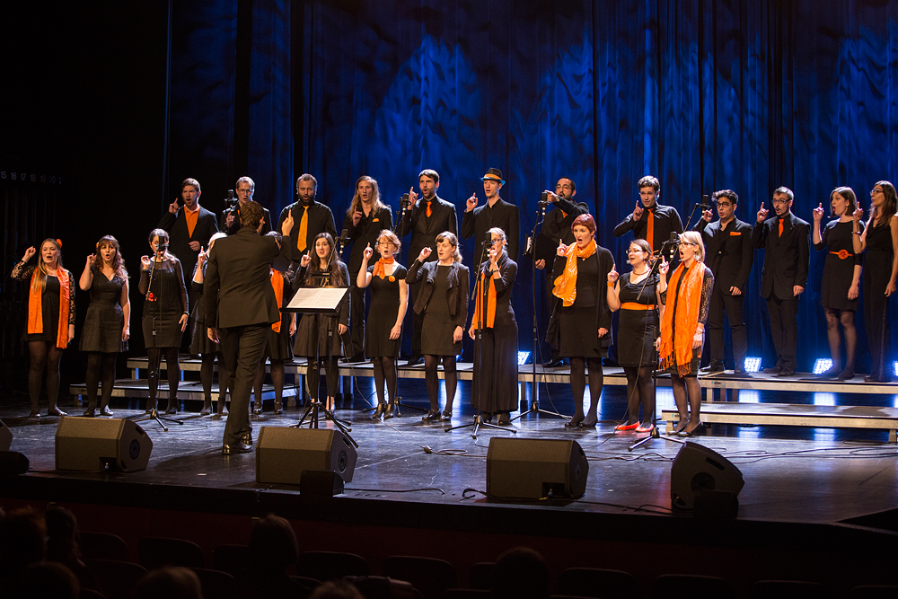 Euro-Chor Revoice! and its conductor during the opening concert, Voices of Spirit 2015, Graz