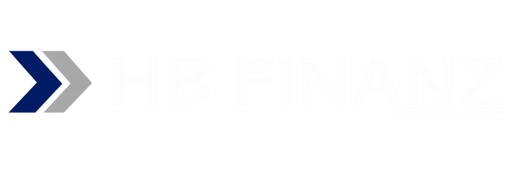 HB FINANZ Logo mit zwei blauen und grauen Pfeilsymbolen auf schwarzem Hintergrund.