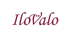 Dunkelroter Schriftzug IloValo in geschwungener Kursivschrift auf schwarzem Hintergrund mit stilisiertem V-Buchstaben.