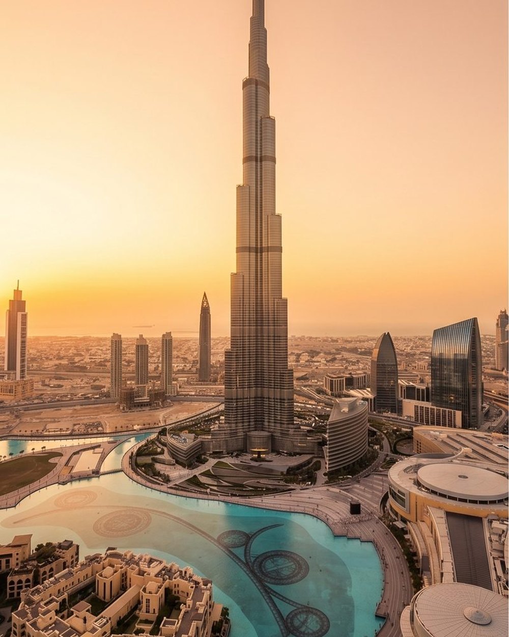 Burj Khalifa und Downtown Dubai im Sonnenuntergang