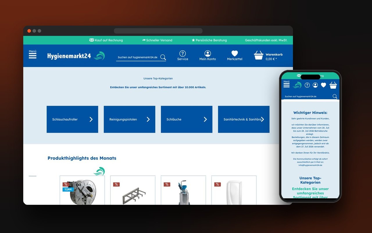 Onlineshop Hygienemarkt24 auf Laptop und Smartphone mit Kategorien wie Schlauchaufroller und Reinigungspistolen