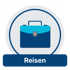 Aktenkoffer-Symbol auf grauem Kreis über dunkelblauem Rechteck mit Text "Reisen".
