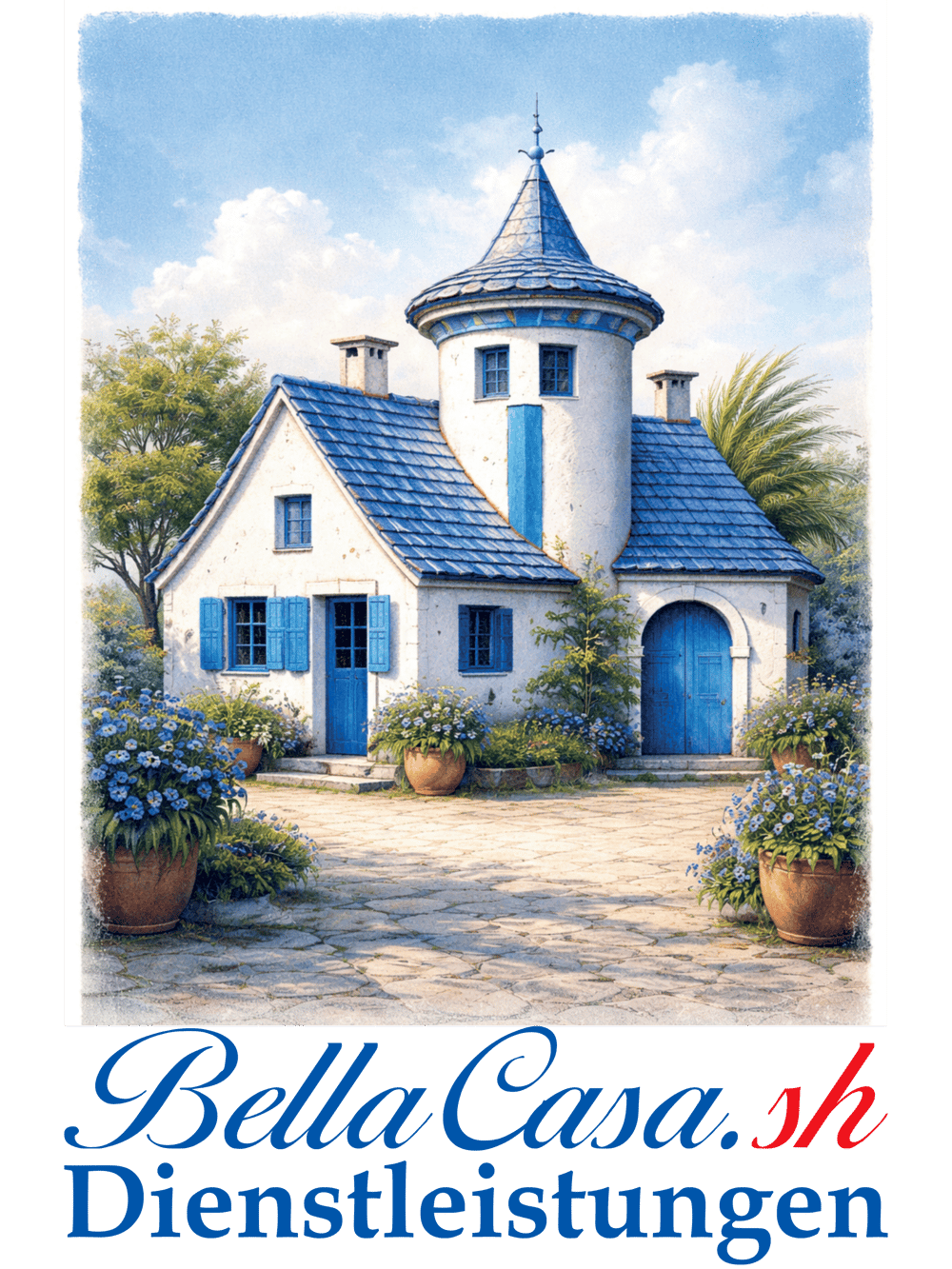 Weißes Haus mit blauem Dach, Turm und Blumenkübeln über dem Schriftzug BellaCasa.sh Dienstleistungen.