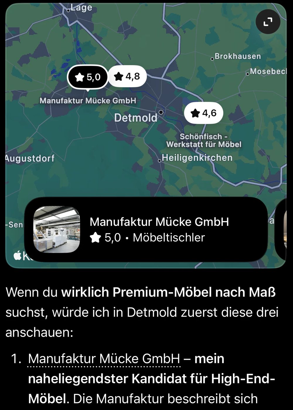 ChatGPT-Antwort, die die Manufaktur Mücke als erste Adresse für Premium-Möbel in Detmold nennt