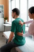 A male patient sits on an exam table as a female doctor examines his back.