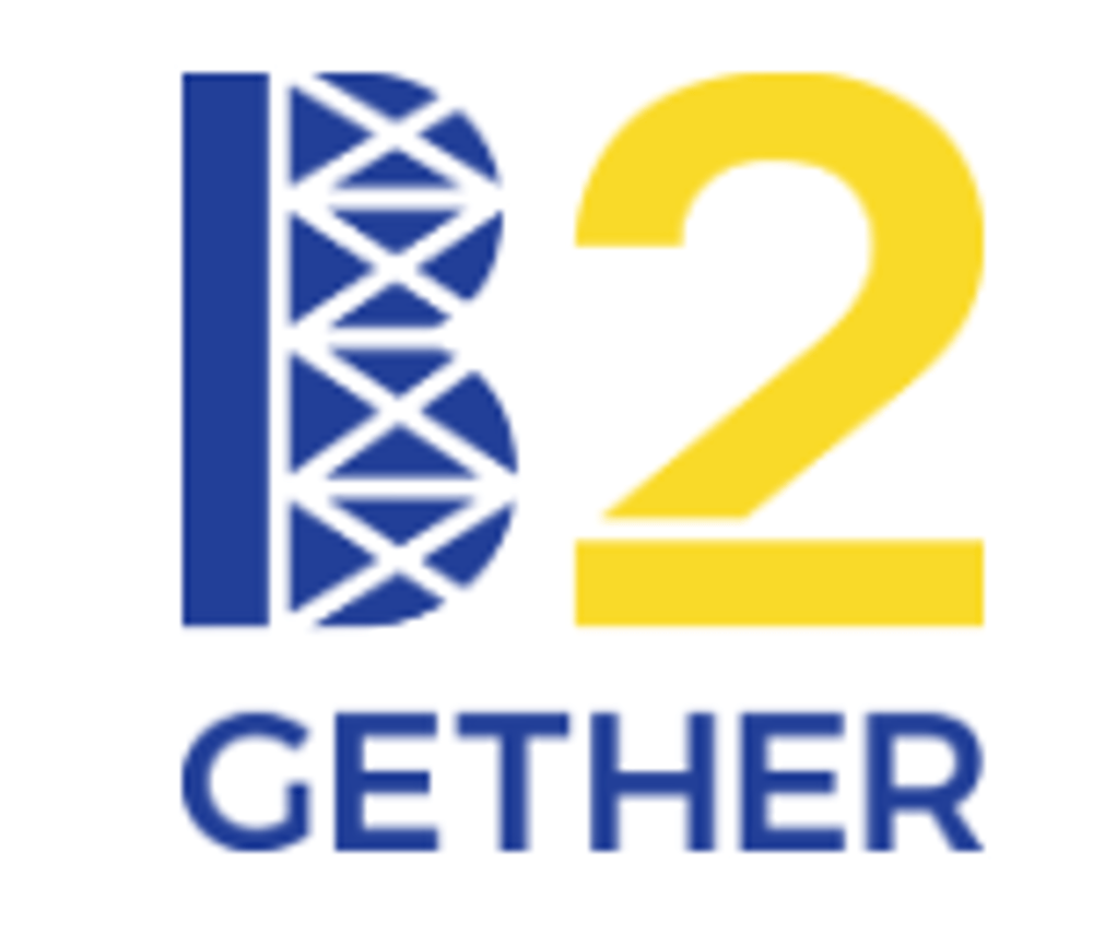 Logo mit blauem Buchstaben B, gelber Zahl 2 und dem blauen Schriftzug GETHER, kombiniert als Wortspiel B2GETHER.