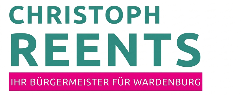 Schriftzug "CHRISTOPH REENTS" in Türkis, darunter "IHR BÜRGERMEISTER FÜR WARDENBURG" in Weiß auf Pink. Logo von Christoph Reents