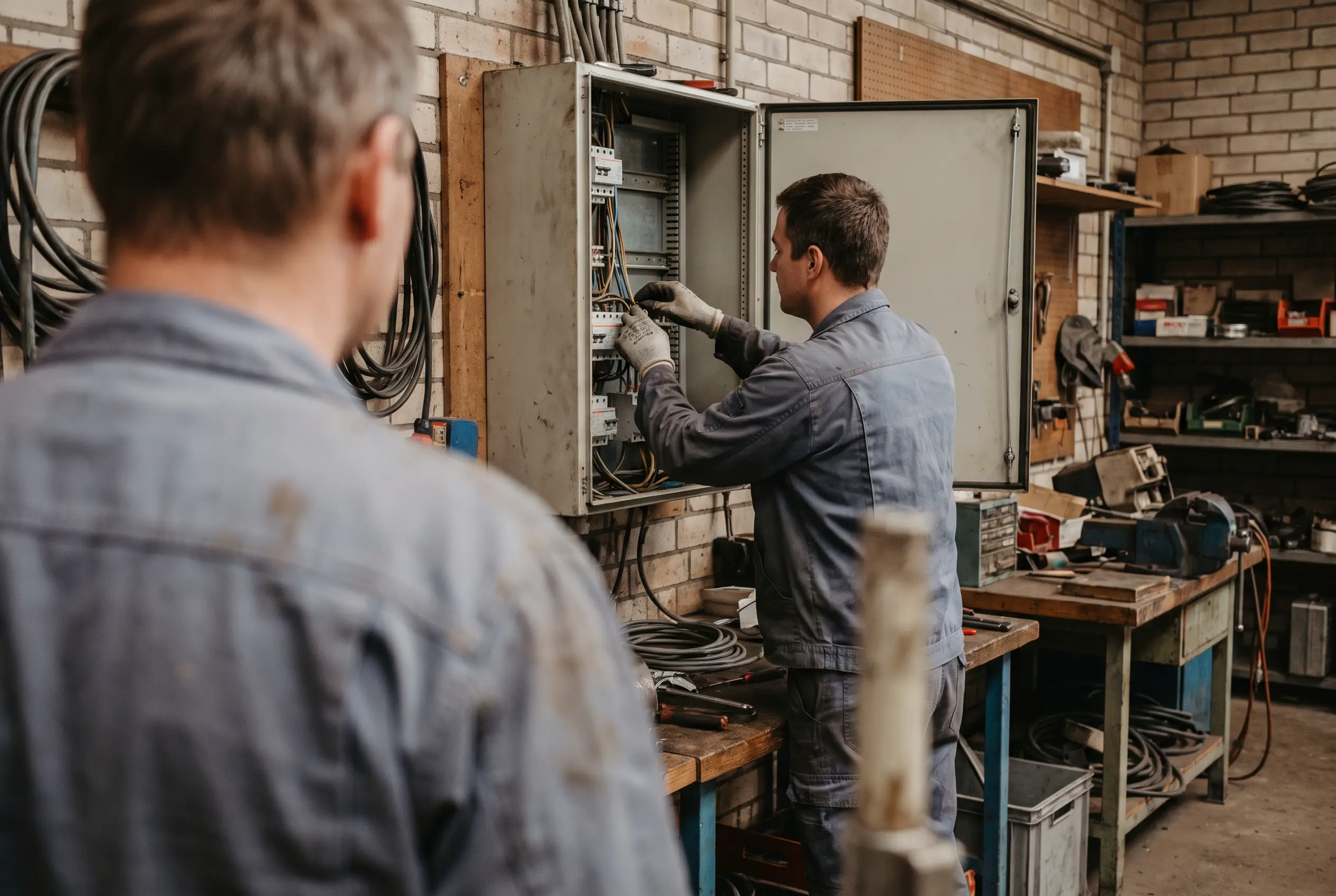 Eine erfahrene Elektrofachkraft beobachtet die Arbeit an einer offenen Niederspannungsverteilung