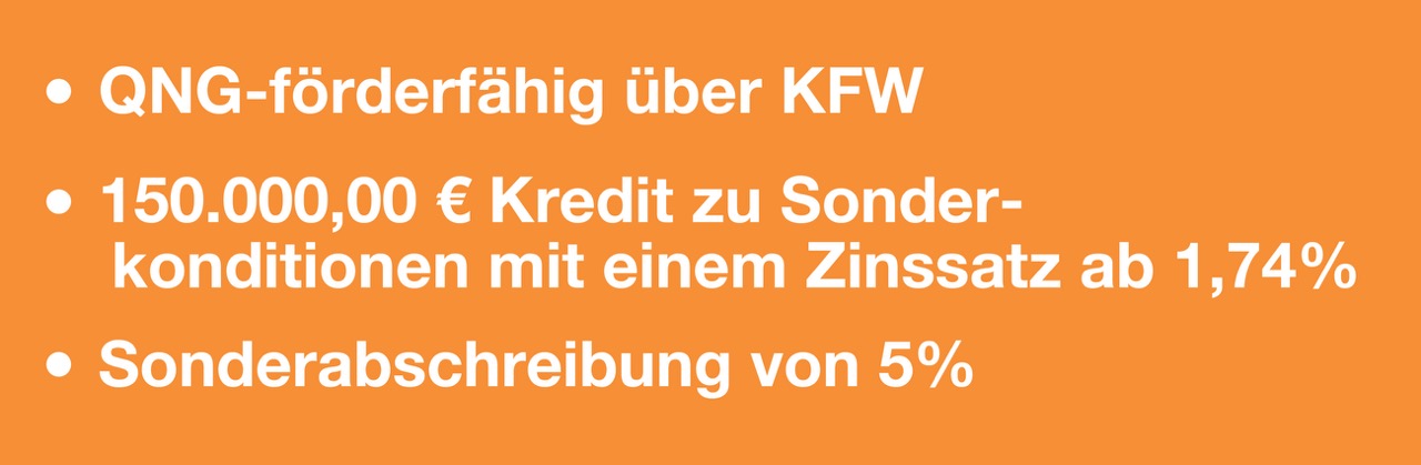 QNG-förderfähig über die KfW: 150.000 € Kredit zu Sonderkonditionen mit einem Zinssatz ab 1,74 %, Sonderabschreibung von 5 %