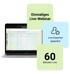 Laptop mit Tabellenansicht und Texten „Einmaliges Live-Webinar“, „Live-Experten gespräch“ und „60 Minuten Live“.